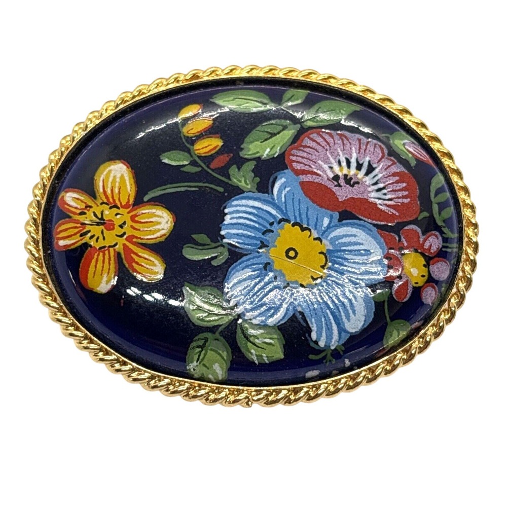 Vintage Black Floral Cameo Style Transferred Floral Design Pin Brooch Gold Tone‎